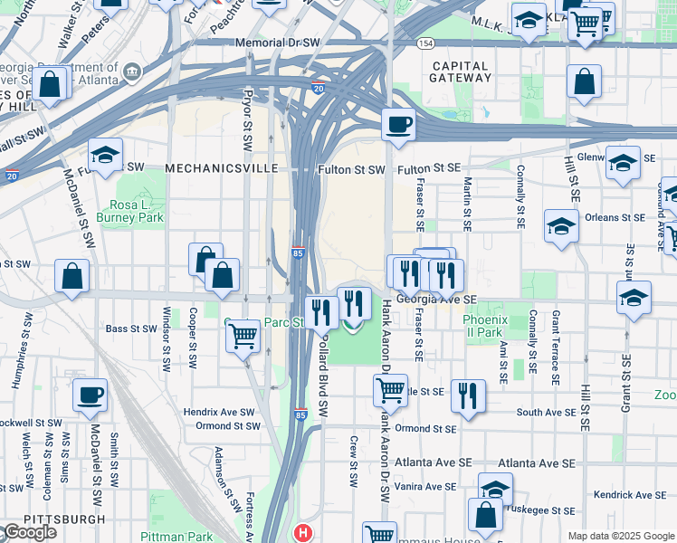 map of restaurants, bars, coffee shops, grocery stores, and more near 521 Hank Aaron Drive Southwest in Atlanta