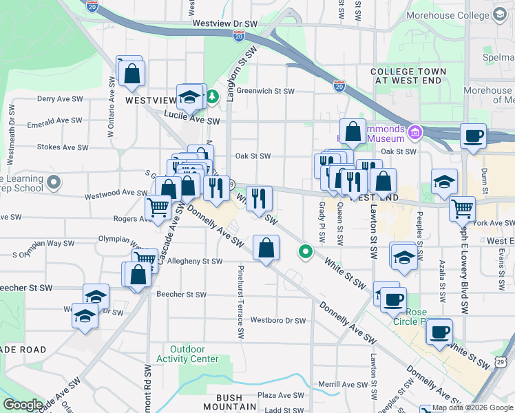 map of restaurants, bars, coffee shops, grocery stores, and more near 1339 White Street Southwest in Atlanta