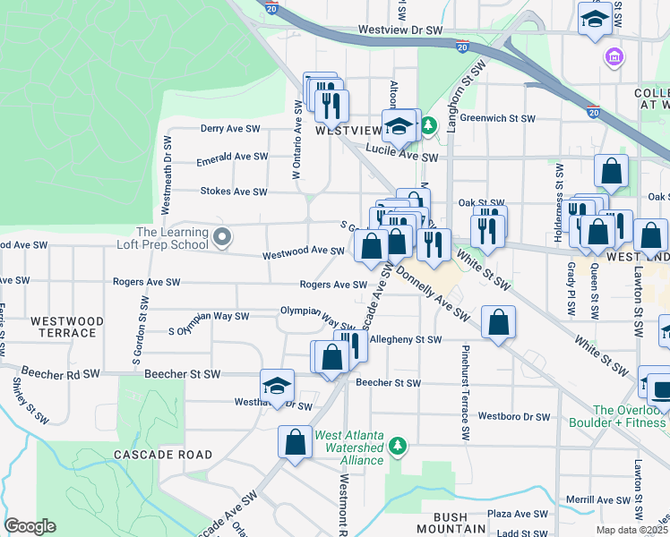 map of restaurants, bars, coffee shops, grocery stores, and more near 630 Willard Avenue Southwest in Atlanta