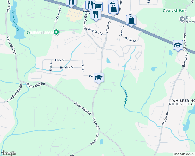 map of restaurants, bars, coffee shops, grocery stores, and more near 3719 Paul Street in Douglasville