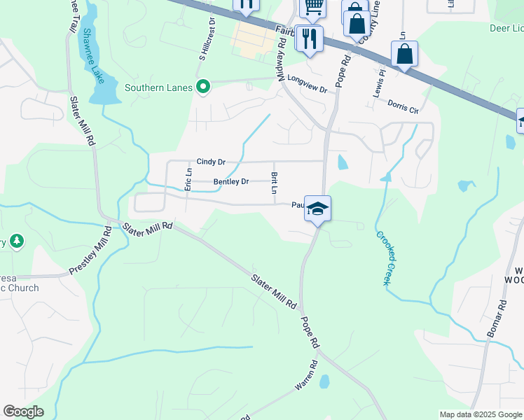 map of restaurants, bars, coffee shops, grocery stores, and more near 3811 Paul Street in Douglasville