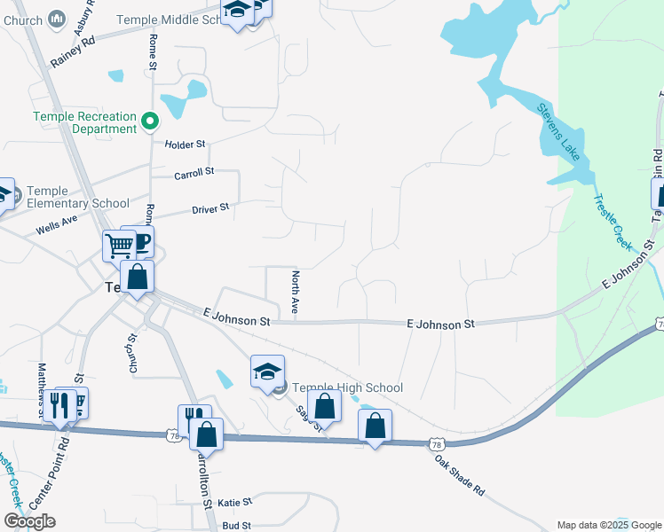 map of restaurants, bars, coffee shops, grocery stores, and more near 107 Deer Crossing in Temple