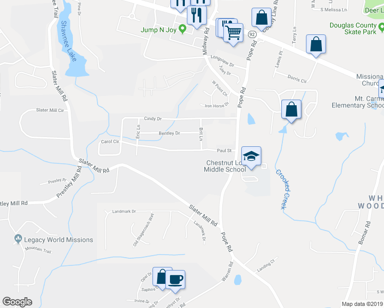 map of restaurants, bars, coffee shops, grocery stores, and more near 3811 Paul Street in Douglasville