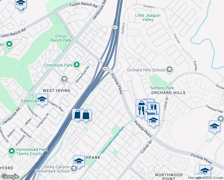 map of restaurants, bars, coffee shops, grocery stores, and more near 25 Larchwood in Irvine