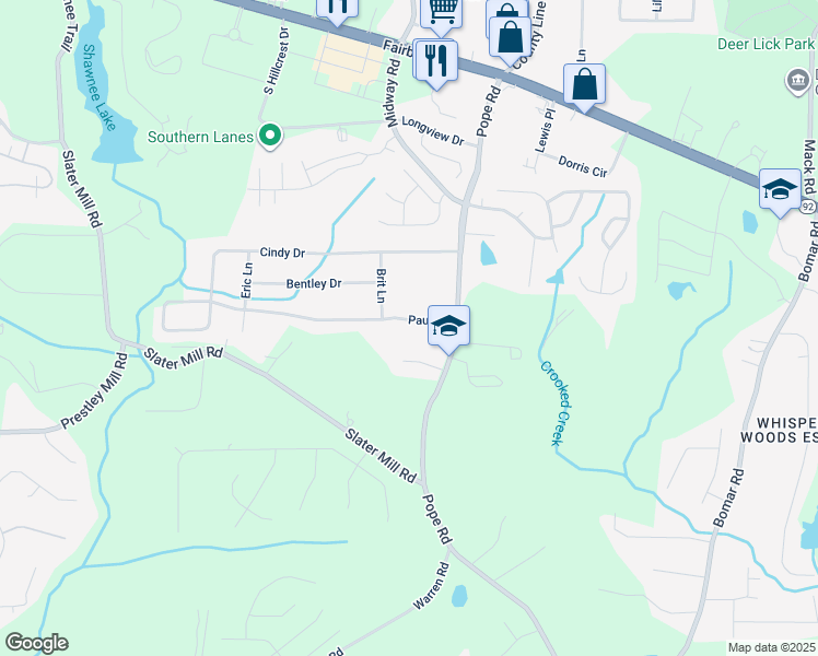 map of restaurants, bars, coffee shops, grocery stores, and more near 3775 Paul Street in Douglasville
