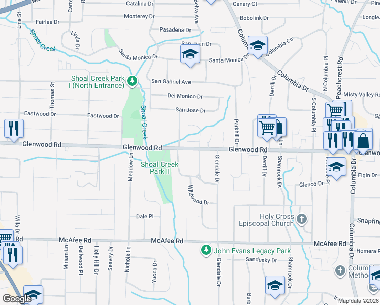 map of restaurants, bars, coffee shops, grocery stores, and more near 3729 Glenwood Road in Decatur