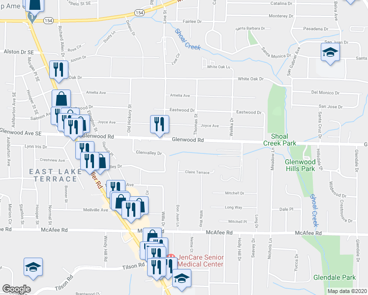 map of restaurants, bars, coffee shops, grocery stores, and more near 3403 Glenwood Road in Decatur