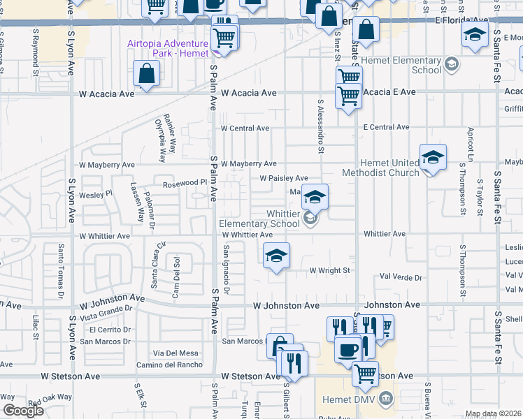 map of restaurants, bars, coffee shops, grocery stores, and more near 649 West Montrose Avenue in Hemet
