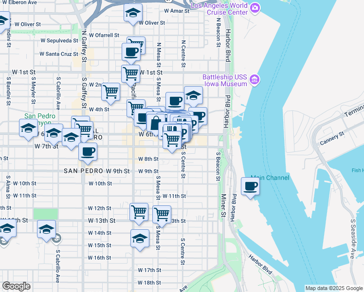 map of restaurants, bars, coffee shops, grocery stores, and more near 615 S Centre St in San Pedro