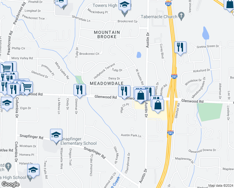 map of restaurants, bars, coffee shops, grocery stores, and more near 4390 Glenwood Parkway in Decatur
