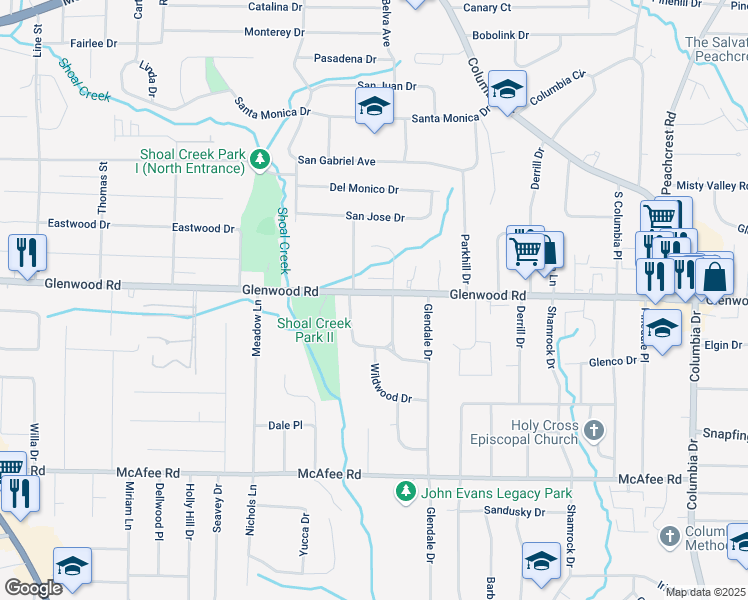 map of restaurants, bars, coffee shops, grocery stores, and more near 3723 Glenwood Road in Decatur