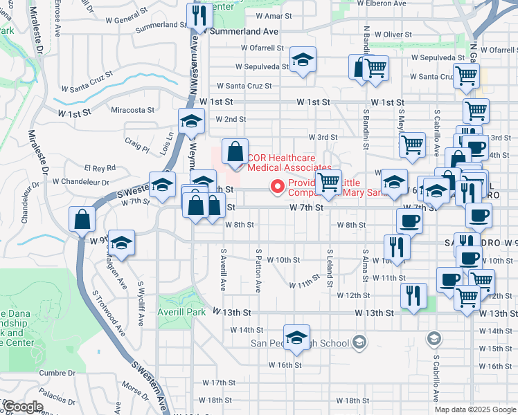 map of restaurants, bars, coffee shops, grocery stores, and more near 1300 West 7th Street in Los Angeles County