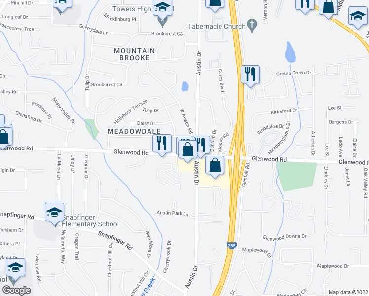 map of restaurants, bars, coffee shops, grocery stores, and more near 4468 Glenwood Road in Decatur