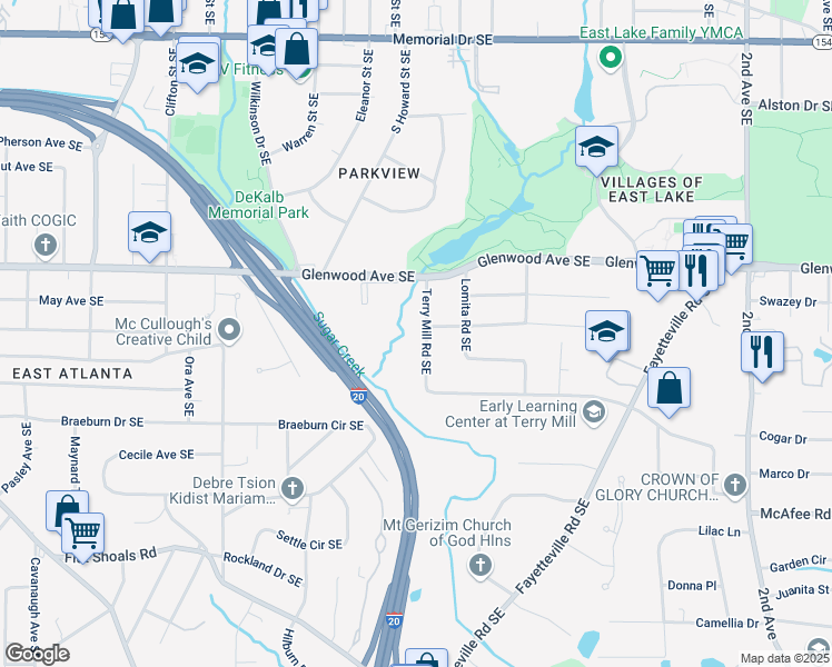 map of restaurants, bars, coffee shops, grocery stores, and more near 1611 Terry Mill Road Southeast in Atlanta