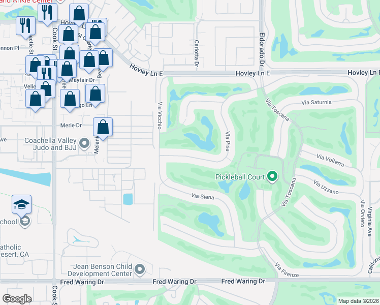 map of restaurants, bars, coffee shops, grocery stores, and more near 75568 Via Pisa in Indian Wells