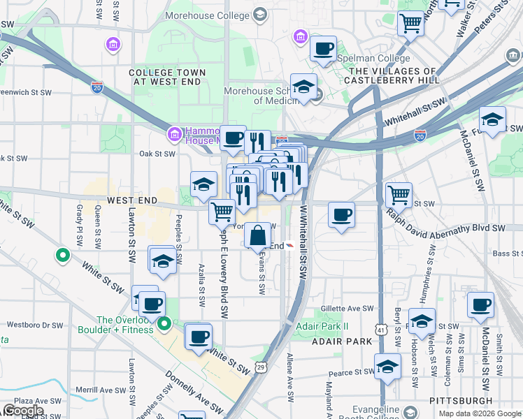 map of restaurants, bars, coffee shops, grocery stores, and more near 844 Ralph David Abernathy Boulevard Southwest in Atlanta