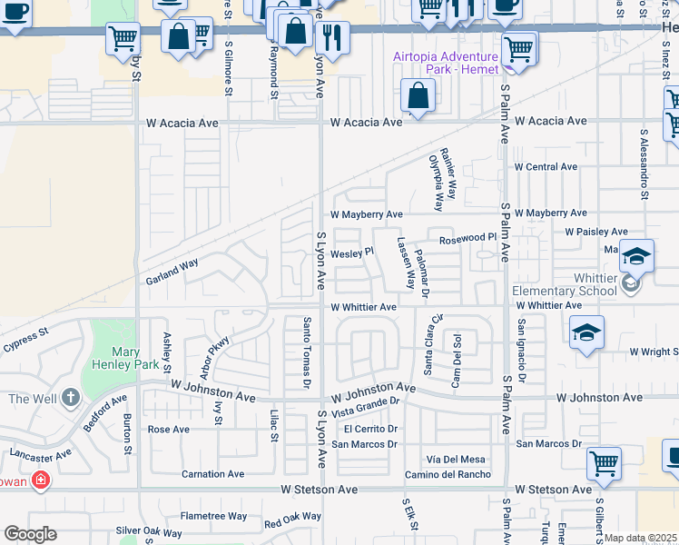 map of restaurants, bars, coffee shops, grocery stores, and more near 1621 West Montrose Avenue in Hemet