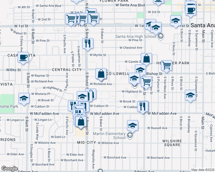 map of restaurants, bars, coffee shops, grocery stores, and more near 1126 West Richland Avenue in Santa Ana