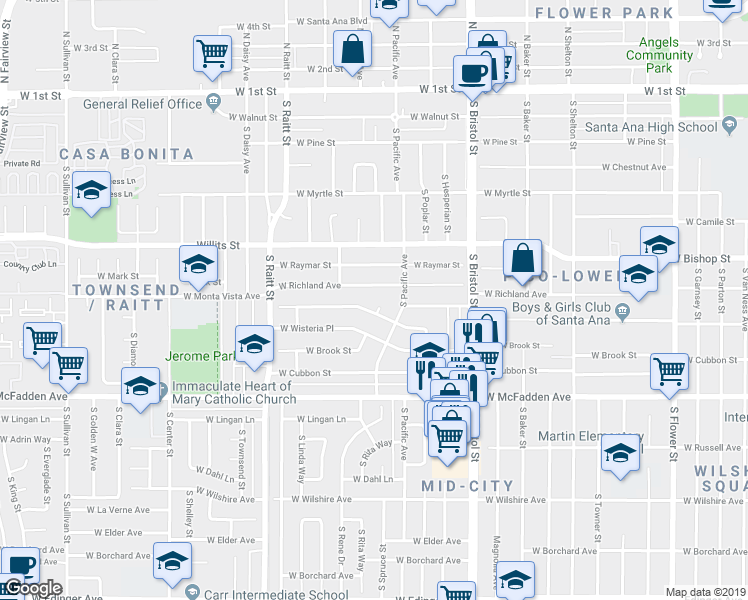 map of restaurants, bars, coffee shops, grocery stores, and more near 706 Forest Circle in Santa Ana