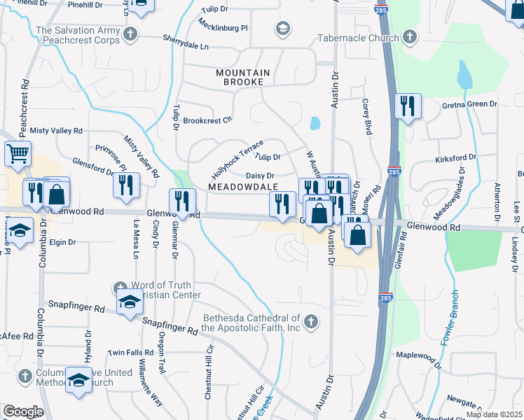 map of restaurants, bars, coffee shops, grocery stores, and more near 4384 Glenwood Parkway in Decatur