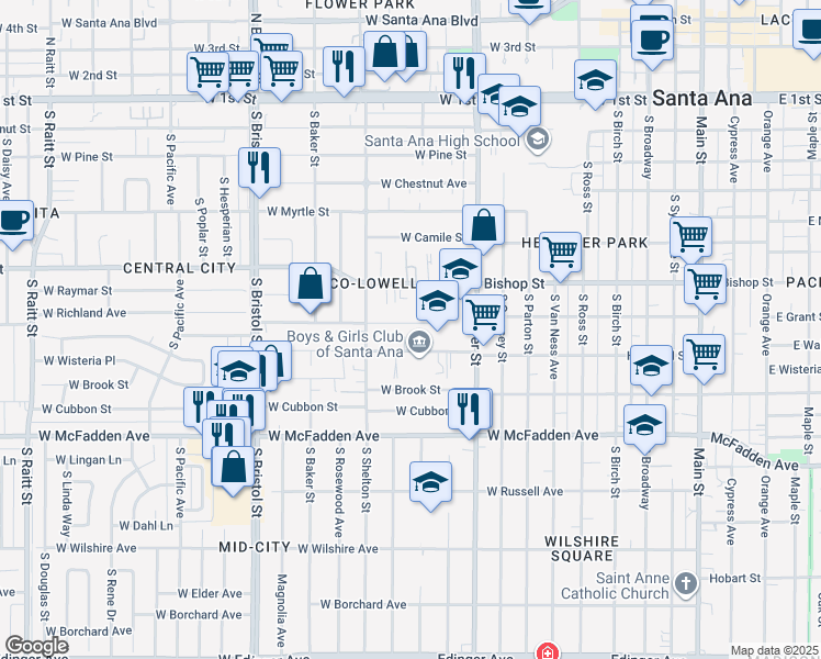 map of restaurants, bars, coffee shops, grocery stores, and more near 1012 West Richland Avenue in Santa Ana