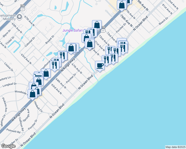 map of restaurants, bars, coffee shops, grocery stores, and more near N Ocean Blvd & 68th Ave N in Myrtle Beach