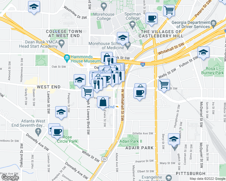 map of restaurants, bars, coffee shops, grocery stores, and more near 629 Lee Street Southwest in Atlanta