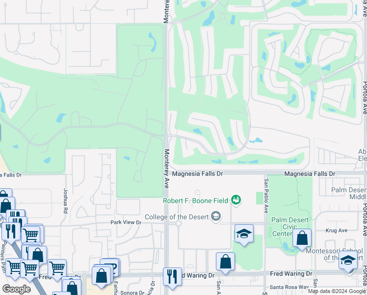 map of restaurants, bars, coffee shops, grocery stores, and more near 41502 Monterey Avenue in Palm Desert