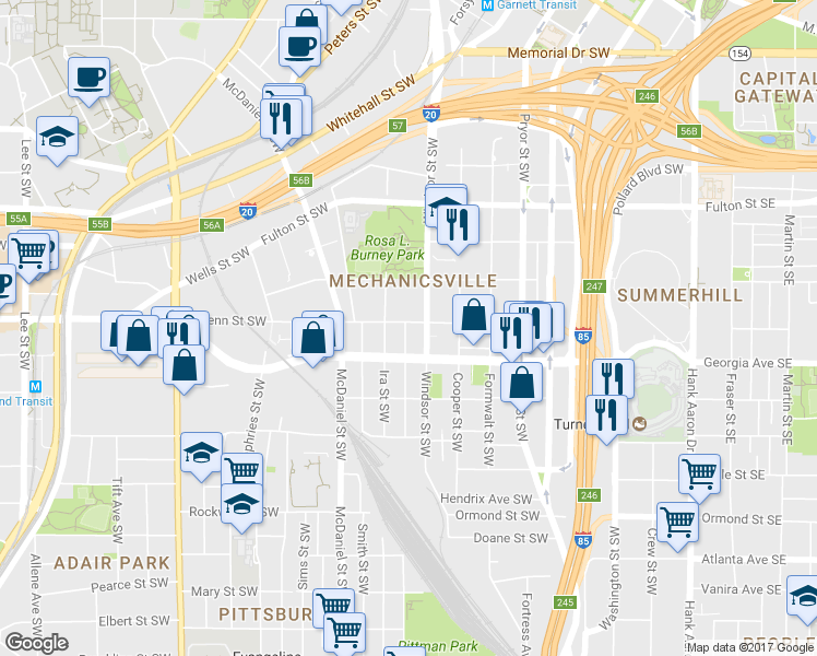 map of restaurants, bars, coffee shops, grocery stores, and more near 340 Glenn St SW in Atlanta