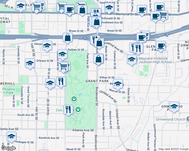map of restaurants, bars, coffee shops, grocery stores, and more near 603 Boulevard Southeast in Atlanta