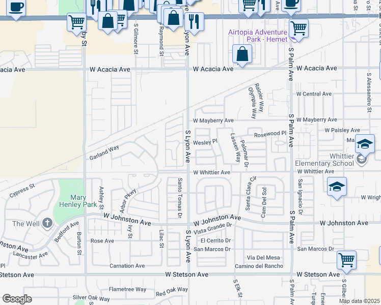 map of restaurants, bars, coffee shops, grocery stores, and more near 620 South Lyon Avenue in Hemet