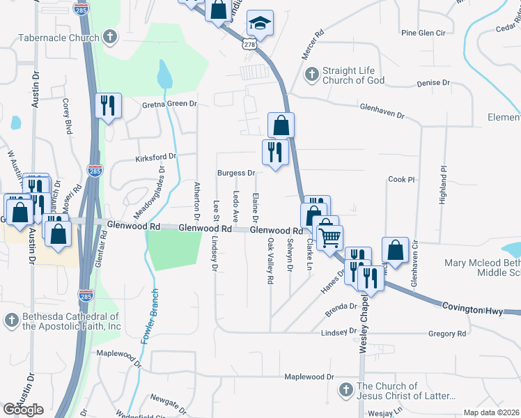 map of restaurants, bars, coffee shops, grocery stores, and more near 1812 Elaine Drive in Decatur