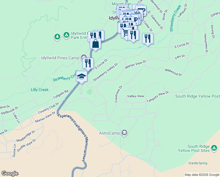map of restaurants, bars, coffee shops, grocery stores, and more near 26485 Crestview Drive in Idyllwild-Pine Cove