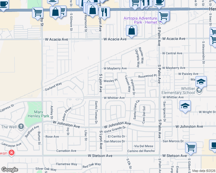 map of restaurants, bars, coffee shops, grocery stores, and more near 1601 West Montrose Avenue in Hemet