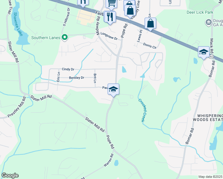map of restaurants, bars, coffee shops, grocery stores, and more near 3719 Paul Street in Douglasville