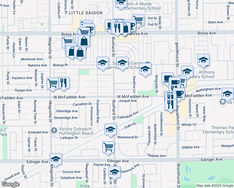 map of restaurants, bars, coffee shops, grocery stores, and more near 9521 McFadden Avenue in Westminster