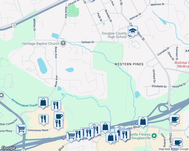 map of restaurants, bars, coffee shops, grocery stores, and more near 8949 Western Pines Drive in Douglasville