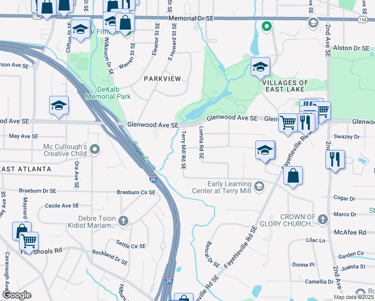 map of restaurants, bars, coffee shops, grocery stores, and more near 1608 Terry Mill Road Southeast in Atlanta