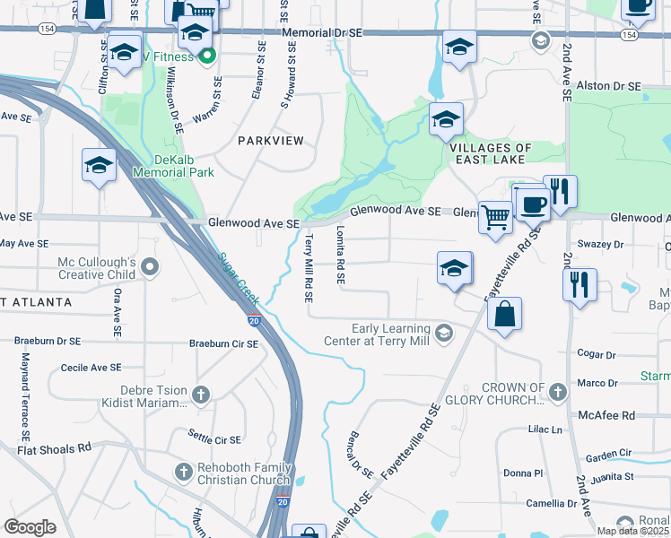 map of restaurants, bars, coffee shops, grocery stores, and more near 1857 Lomita Road Southeast in Atlanta