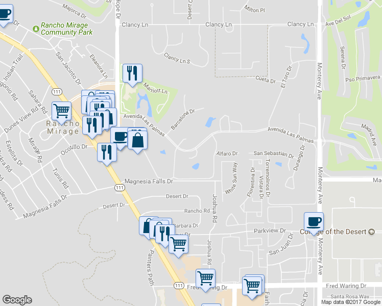 map of restaurants, bars, coffee shops, grocery stores, and more near 1 Gerona Drive in Rancho Mirage