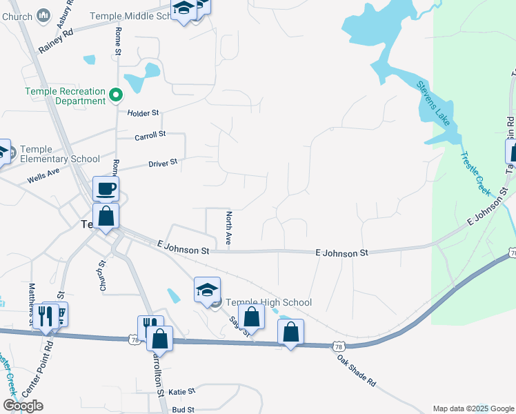 map of restaurants, bars, coffee shops, grocery stores, and more near 107 Deer Crossing in Temple
