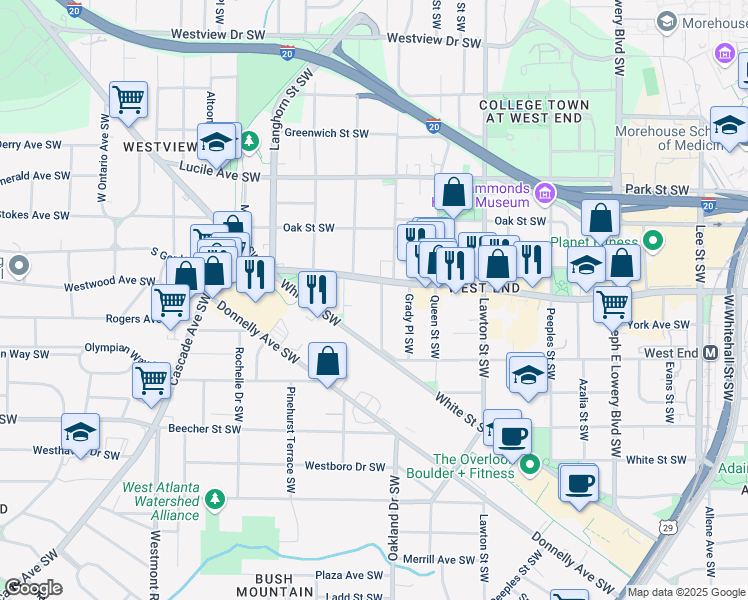 map of restaurants, bars, coffee shops, grocery stores, and more near 631 Holderness Street Southwest in Atlanta