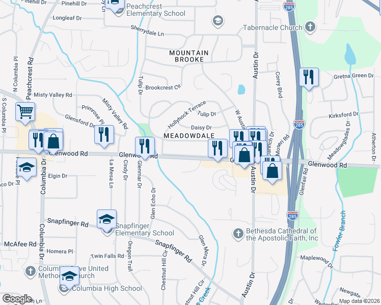map of restaurants, bars, coffee shops, grocery stores, and more near 4360 Glenwood Parkway in Decatur