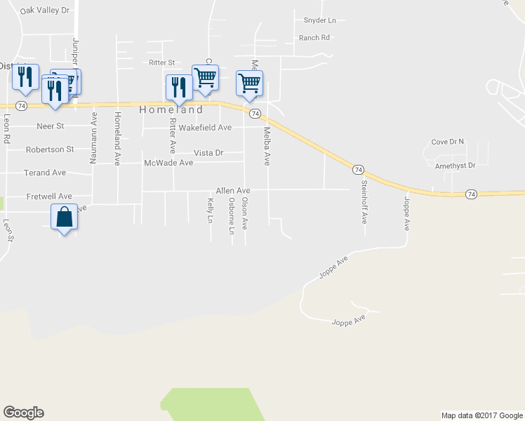 map of restaurants, bars, coffee shops, grocery stores, and more near 26379 Melba Avenue in Homeland