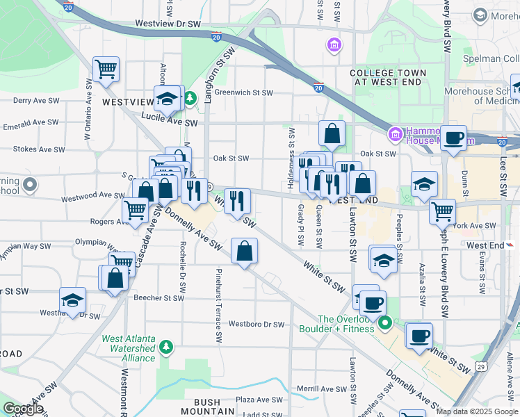 map of restaurants, bars, coffee shops, grocery stores, and more near 632 Atwood Street Southwest in Atlanta