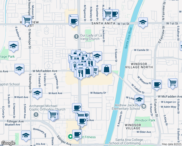 map of restaurants, bars, coffee shops, grocery stores, and more near 3760 West McFadden Avenue in Santa Ana