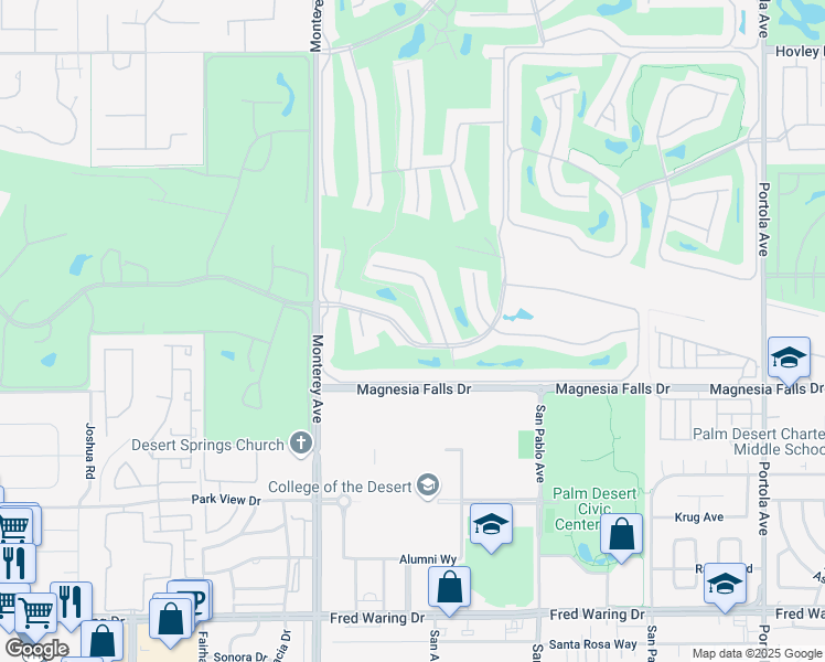 map of restaurants, bars, coffee shops, grocery stores, and more near 182 Gran Via in Palm Desert