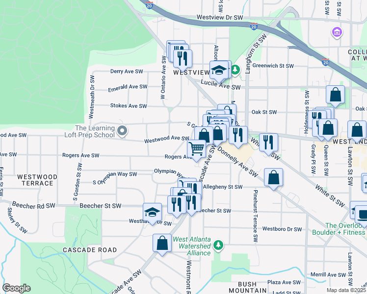 map of restaurants, bars, coffee shops, grocery stores, and more near 630 Willard Avenue Southwest in Atlanta