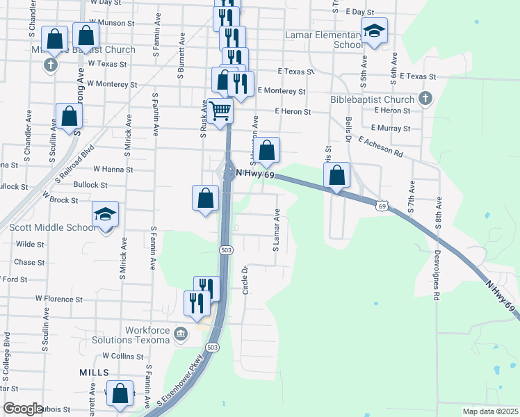 map of restaurants, bars, coffee shops, grocery stores, and more near 109 East Prospect Street in Denison