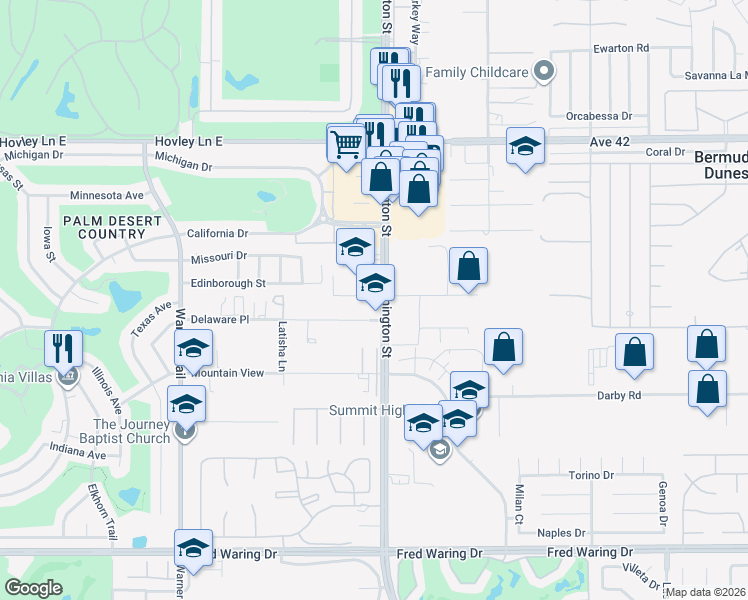 map of restaurants, bars, coffee shops, grocery stores, and more near 77973 Dudley Drive in Palm Desert